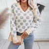 Pullover Print Vintage Long Sleeve Sweater Knitwear Loose V-Neck Top for Autumn Winter