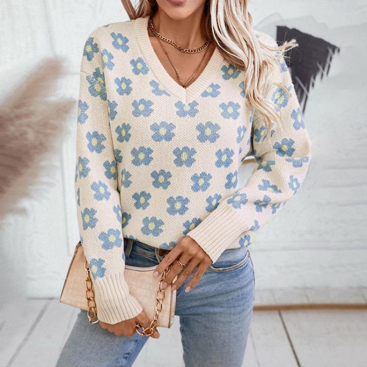 Pullover Print Vintage Long Sleeve Sweater Knitwear Loose V-Neck Top for Autumn Winter