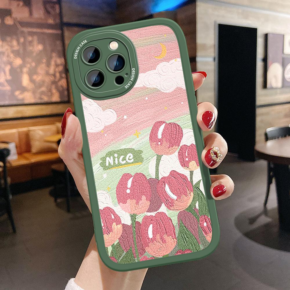 Slim Skin Feeling Cartoon Pink Flowers Soft Silicone PU Leather Cover Phone Case for iPhone Samsung Huawei Honor Xiaomi Redmi OPPO Realme Vivo