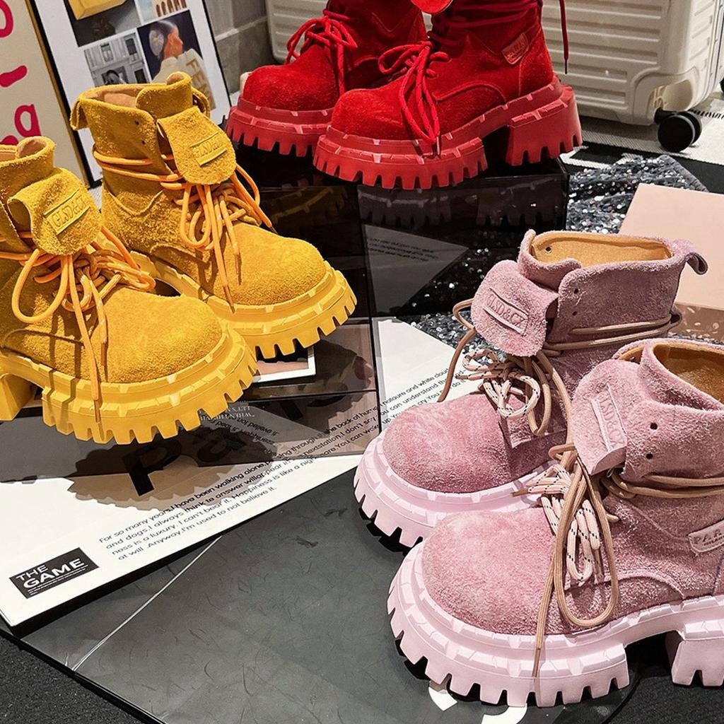 Martin Boots Big Head Matte Leather Candy Color Lapel Locomotive Boots Short Boots Handsome Tooling Babes Flats Women's Shoes