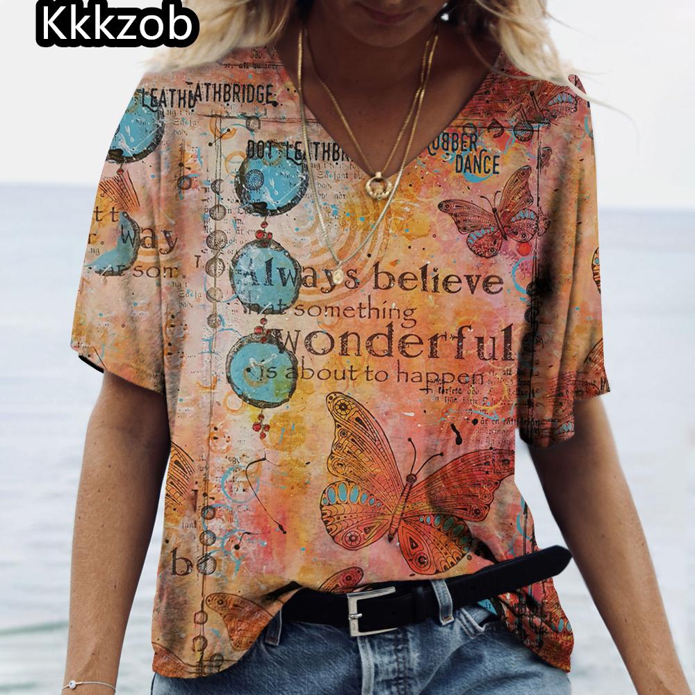 2025 Summer Women's T-Shirt Vintage Butterfly Printcasual Fashion V Neck Pullover Short Sleeve Loose Daily Tops Design Clothing
