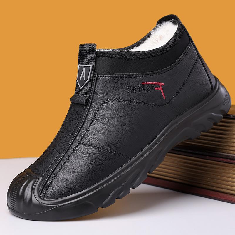 Men's Sports Cotton Shoes Winter Fleece Warm Cotton Shoes Waterproof Leather Upper One-step Casual Soft Sole Comfortable