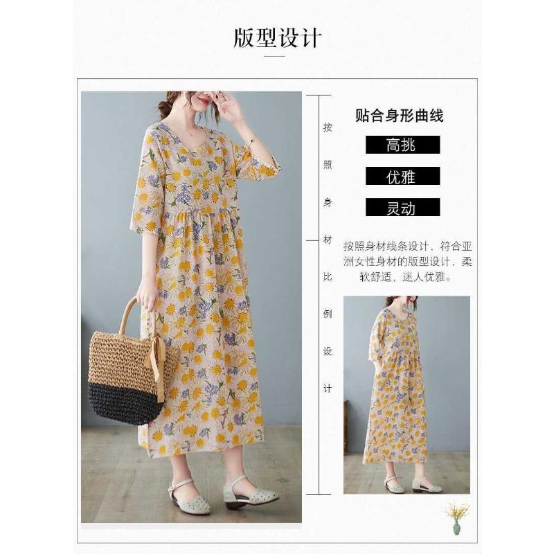 Lato Nowość Literacki Duży Rozmiar Luźny Cienki Okrągły Dekolt Rękaw Pięciominutowy Sukienki Damskie Odmładzające