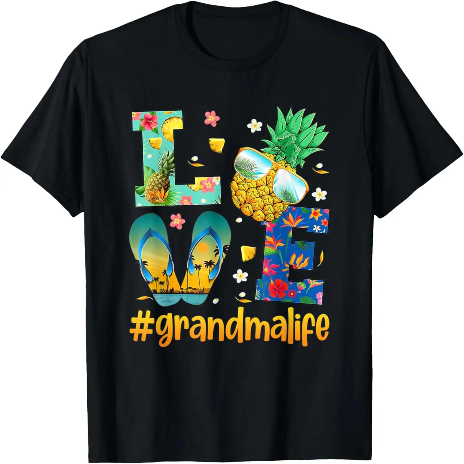 Love Grandma Life Flip Flops Sunglasses Pineapple Summer T-Shirt S