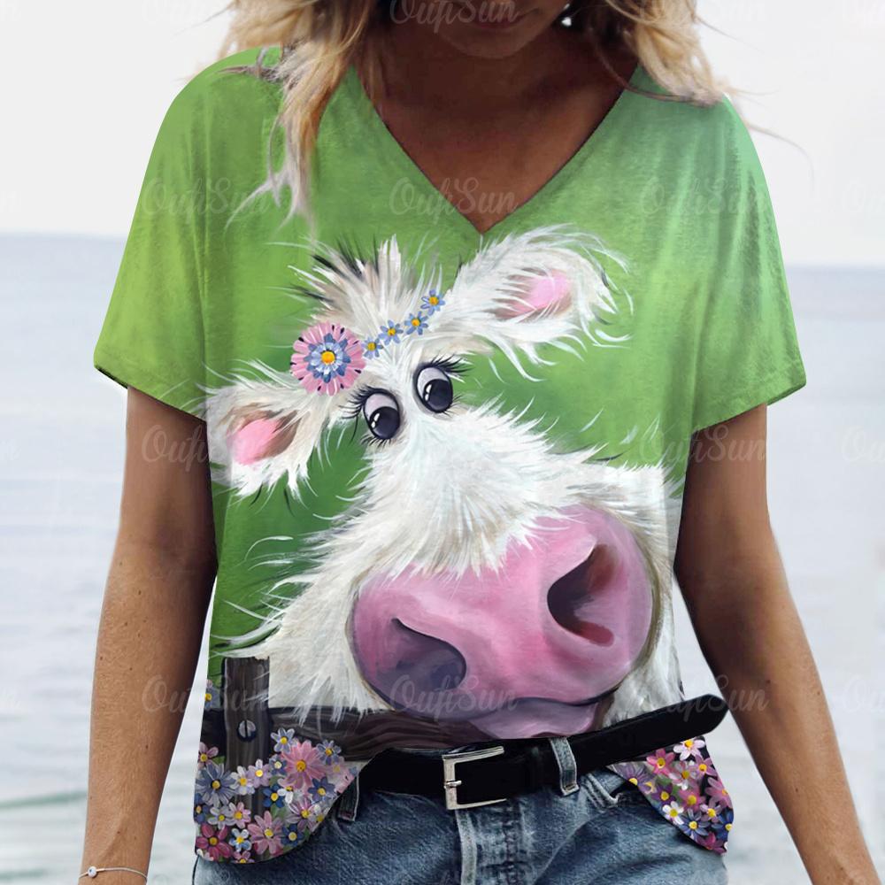 Sommer T-skjorte for kvinner Y2k-stil kortermede topper Anime Cow Print Dameklær Dame Løs bluse V-hals Mote Streetwear