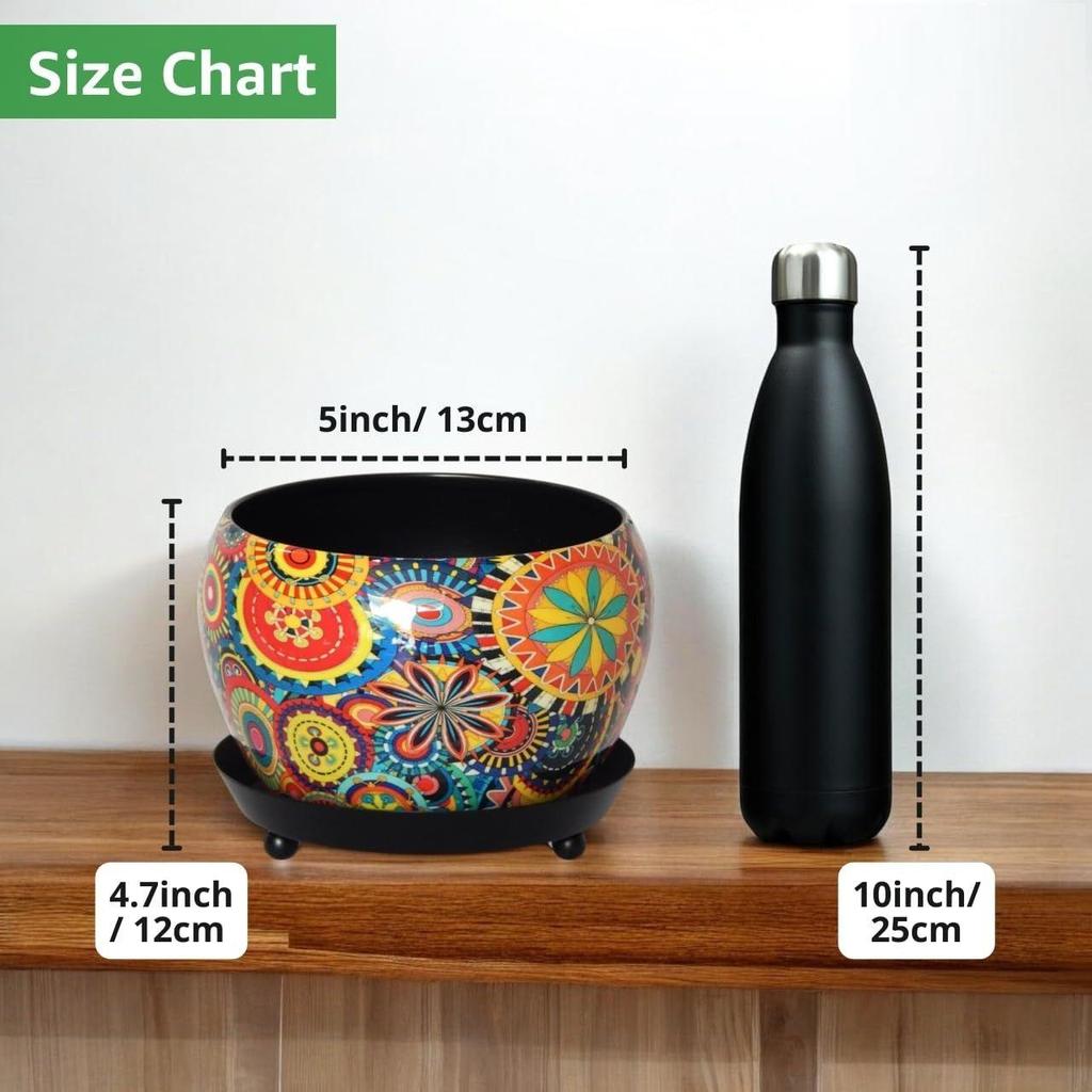 5 Inches, Lily Designer Metal Plant Pot with Saucer Plate | Indoor Outdoor Home Decor Item for Garden Plants Flower, Balcony, Patio, Living Room,