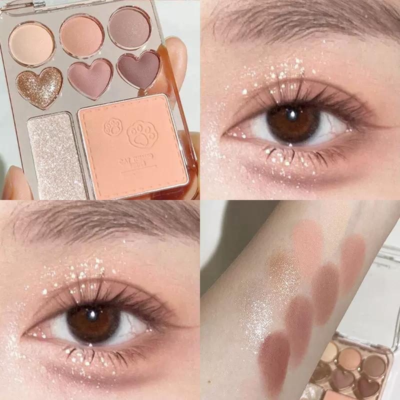 New Heart-Shaped Eyeshadow Palette with Matte Blush and Highlighter All-In-One, Korean Style, Caramel Pink Brown Earth Tones, Affordable for Women