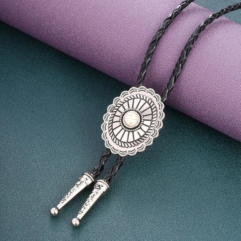 Mens Bolo Tie Necktie Vintage Leather Braided Rope Necklace with Metal Wolf Head Stone Pendant Jewelry Cowboy Necktie