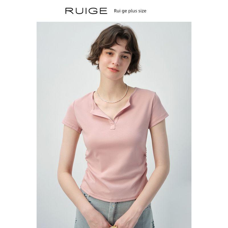 

GE Plus Size Women s Clothing Shoulder Female T-Shirt New Arrival Silm Short Sleeve Summer Commute Slightly Oversized Girls Waist Trimming Short Tops Peach Powder (Second Batch) XXXL