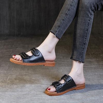 Summer New Cowhide Outer Wear Flat-bottomed Cool Slippers Women's Hollow Velcro Fashionable and Comfortable Rubber Soft-soled Beach Shoes