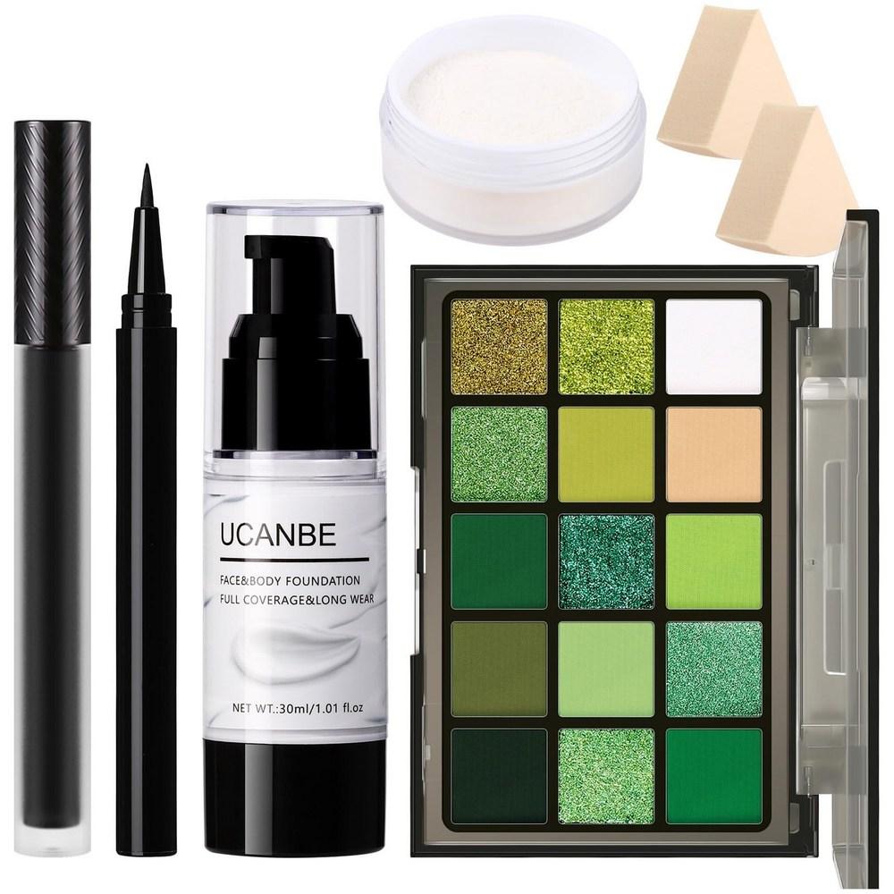 UCA E Halloween Make-up Set Schwarzer Lidschatten Weiße Foundation Lippenstift Eyeliner Wimpernbürste Schwamm Set SFX Pre Single Grünes Make-up