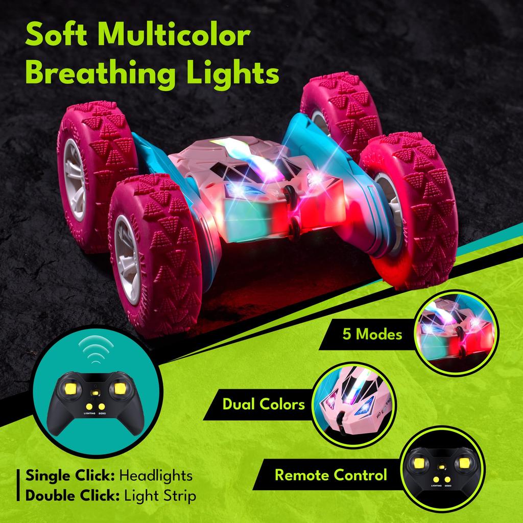 Threeking Remote Control Car for 4WD Stunt Remote Control Car with Birthday Gift for Boys and Indoor and Outdoor Suitable for Children Ages 6 and Pink