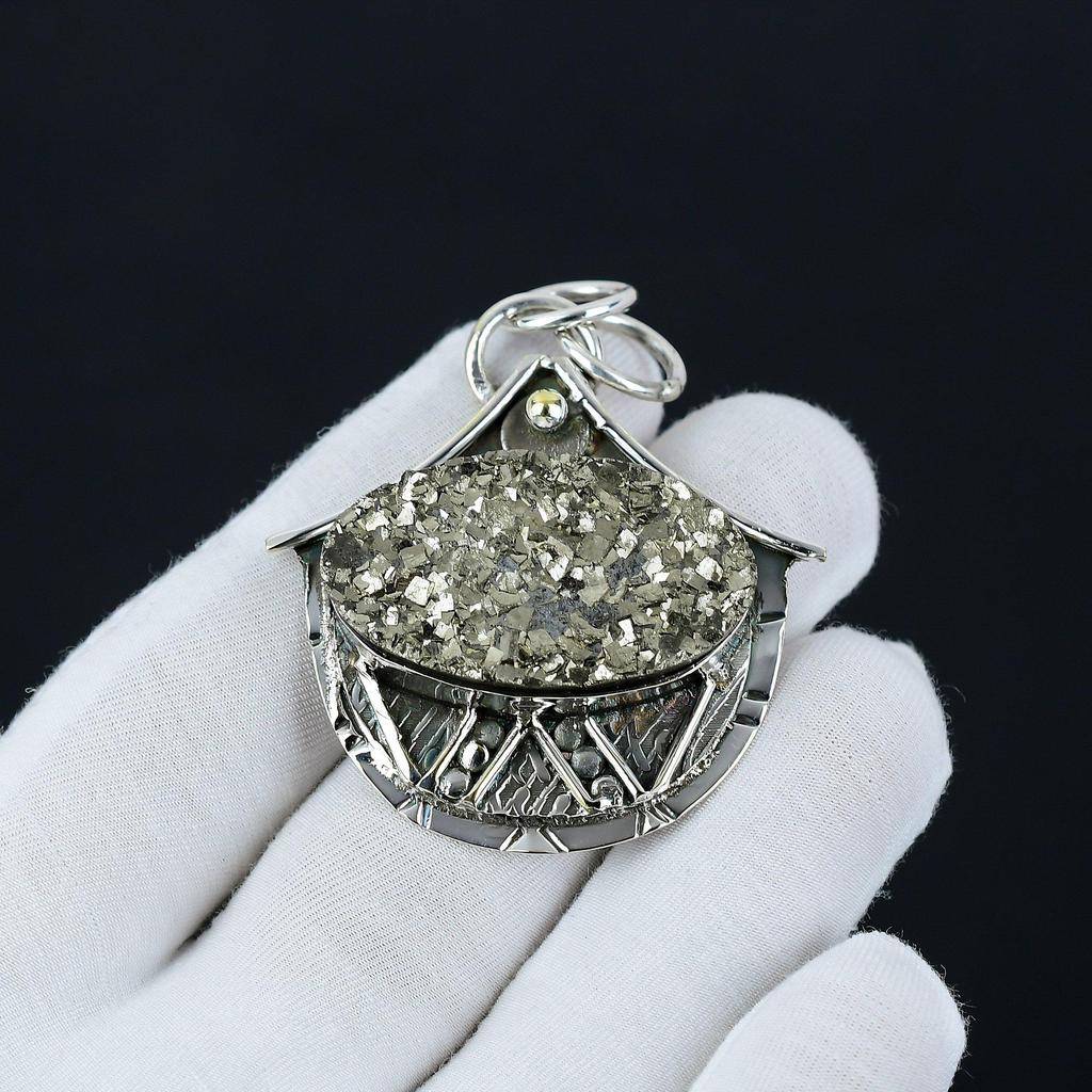 Pyrite Druzy Gemstone Handmade 925 Sterling Silver Pendant, Antique Natural Pyrite Druzy Pendant, Women's Jewelry, Unisex Pendant For Her