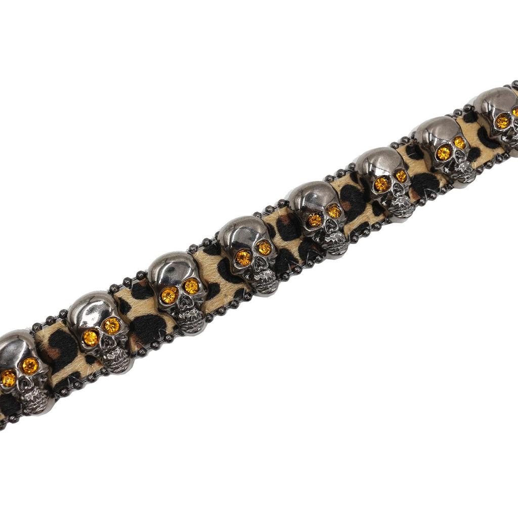 Leopard Print Women's Belt with Skull Design and Rhinestone Pin Buckle - Hip Hop Nightclub Style