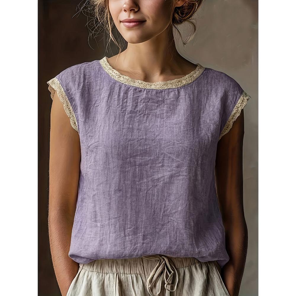Lniany top z krótkim rękawem w stylu retro z damskim koronkowym patchworkiem, okrągły dekolt, luźny i wyszczuplający, letnia oddychająca lniana koszulka