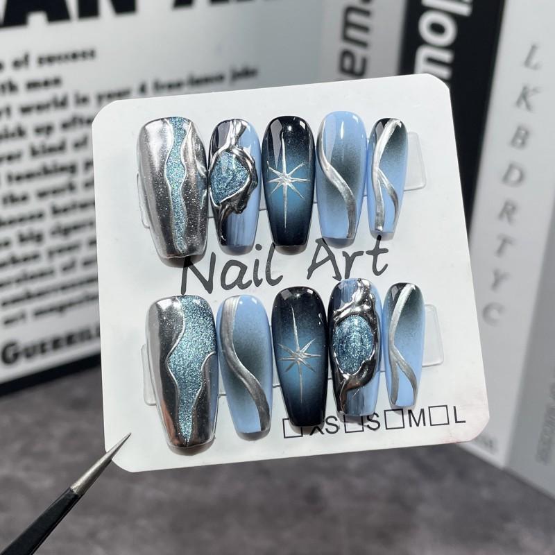 Handmade Press-On Nails With 3D Cat Eye Gradient In Black Blue Medium-Long Length Matte Finish Women Extra Small