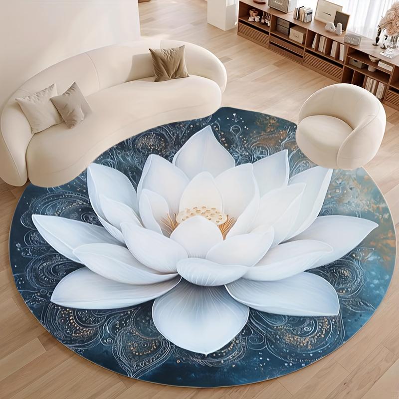1 Piece Fantasy White Lotus Print Round Rug, Crystal Velvet Fabric Non-slip, Suitable for Indoor Entrance Living Room Decoration