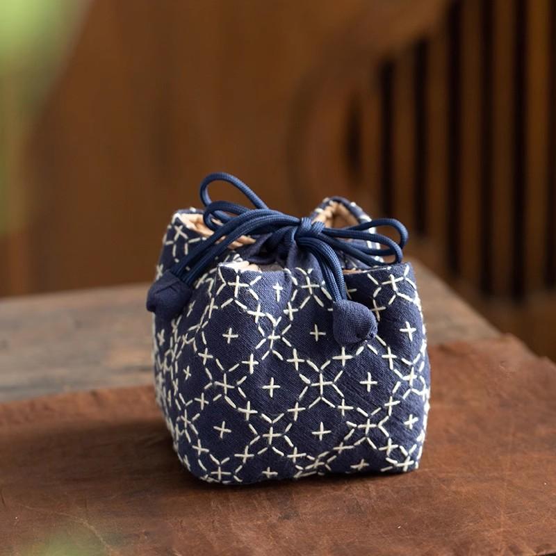 Vintage Chinese Style Stitched Tea Cup Pouch - Thickened Cotton Linen Travel Tea Set Bag for Zisha Teapot, Portable Storage Case