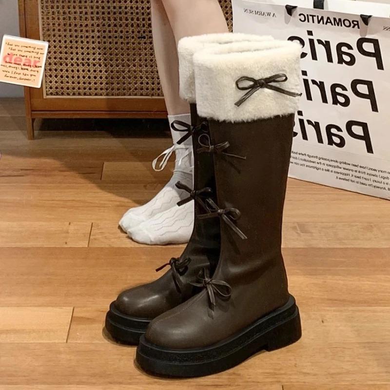 Autumn Winter Short Plush Woman Knee High Boot Fashion Butterfly-knot Knight Long Booties Thick Bottom Botas Feminino
