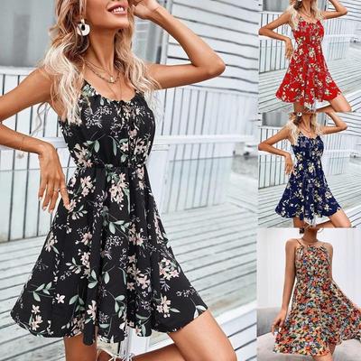 Women's Summer Elegant Sleeveless Dress Beach Spaghetti Strap Dress Elastic Waist Strap Short Skirt
