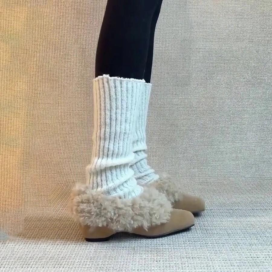 Sheepskin version~ French suede square head inner height increase fur integrated fleece single shoes women's autumn and winter versatile fluffy shoes