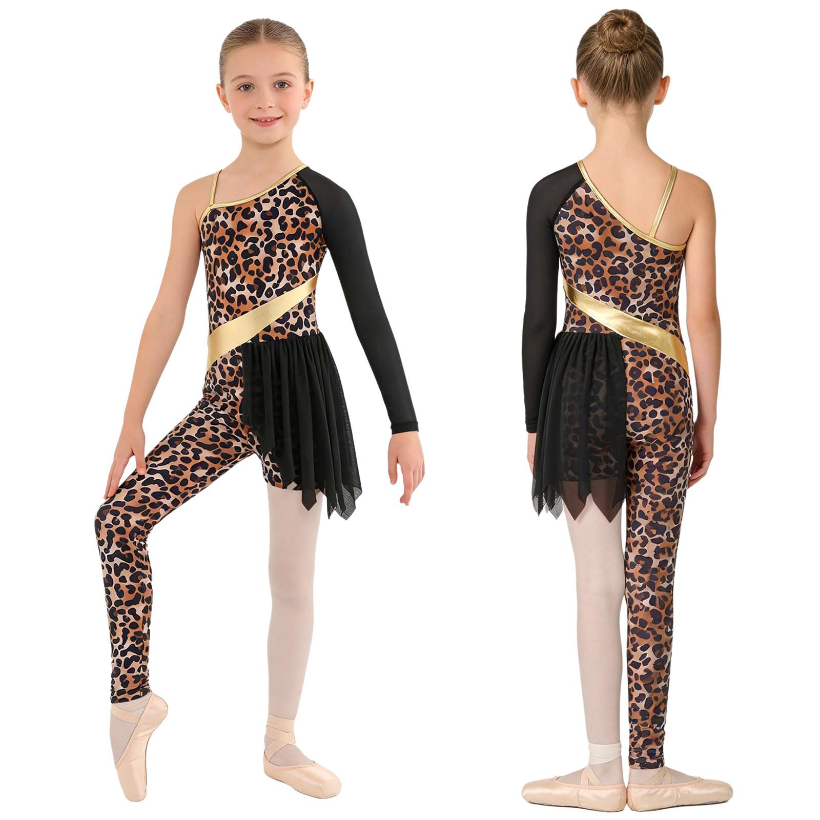 

Girls Leopard Print Bodysuit Patchwork Asymmetrical Design Cave Costume Gymnastics Dance Outfit Jumpsuit 15-16 Years чорний
