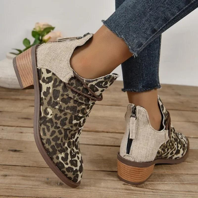 Western Boots for Women Autumn Retro Leopard Print Women's Boots Comfortable Low Heel Large Size Ladies Shoes