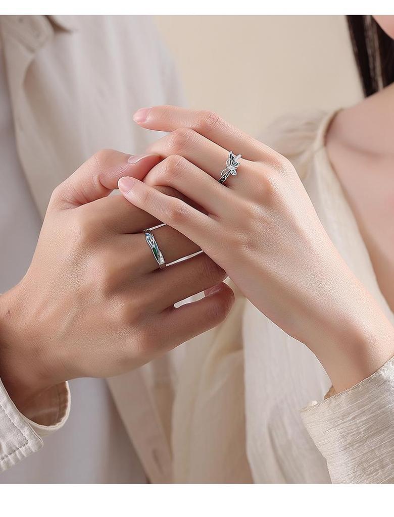 Tichia S925 Sterling Silver Butterfly Love Couple Rings with Enamel and Luminous Detail