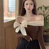 Coquette Off Shoulder Black T-shirts Women Korean Style Chic Bow Brown Long Sleeve Tees Sweet Sexy Patchwork Slim Tops