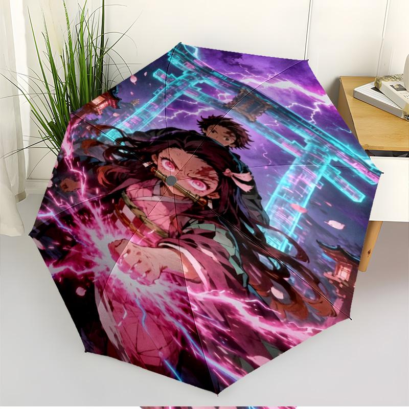 Parapluie Automatique Ouverture Fermeture Impression Demon Slayer, Parapluie Pliable Portable, pour les Trajets Extérieurs, les Voyages en Camping, Cadeau d'Anniversaire Idéal