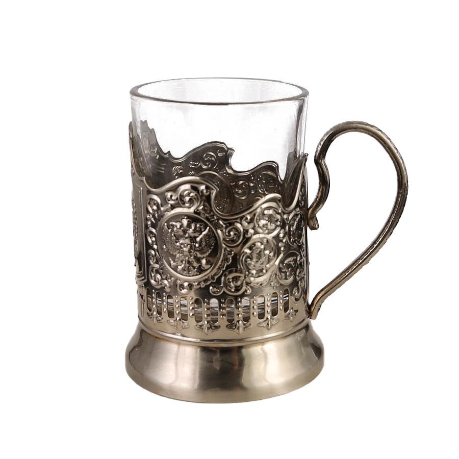 Vintage Russian Style Glass Cup With Embossed Metal Holder Retro Whiskey Tea Mug Home Bar Decor Business Souvenir Gift