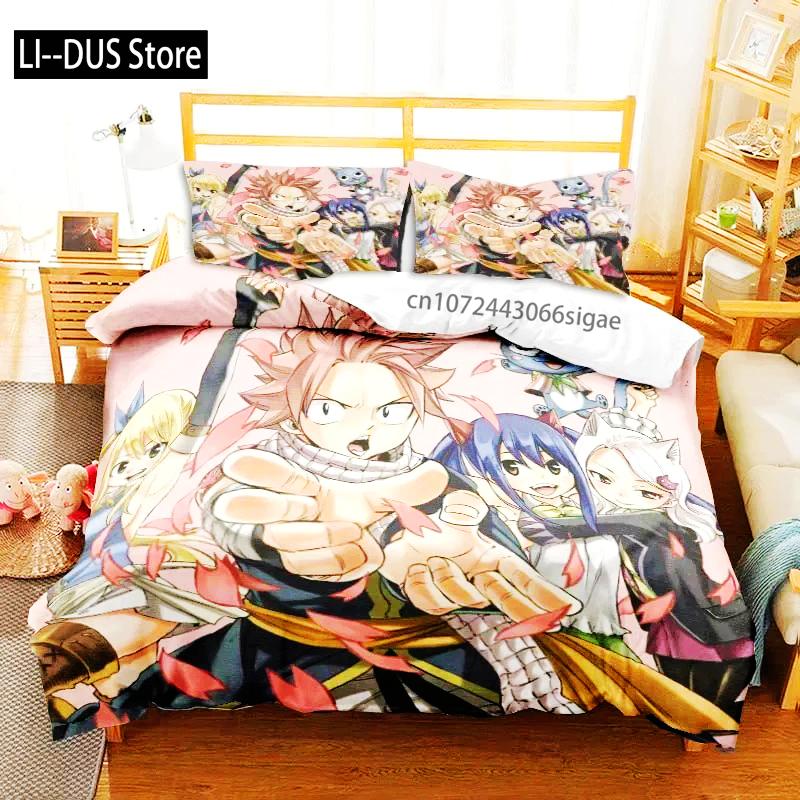 Zestaw pościeli 3D Anime Fairy Tail Zestaw trzyczęściowy na łóżko Poszwa na kołdrę Pojedyncze Podwójne Łóżko Queen Size Zestaw poszwy na kołdrę Sypialnia dla dorosłych chłopców