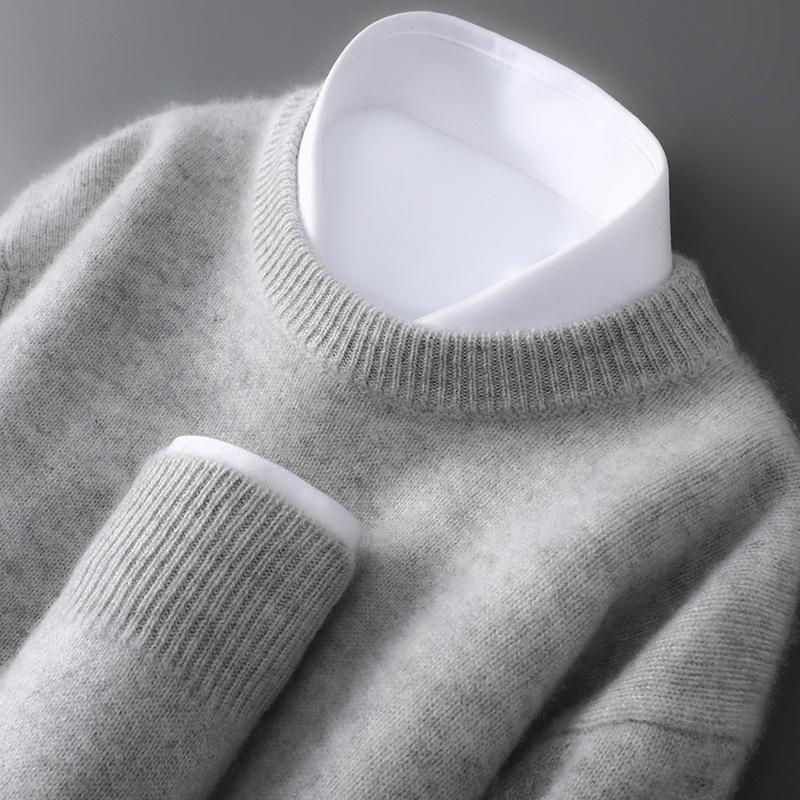 Herren Pullover aus reiner Wolle, schwer, Rundhalsausschnitt, lockere Passform, warm, einfarbig, ideale Basisschicht für Herbst/Winter.