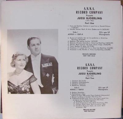 LP Record JUSSI BJRLING  DONALD DICKSON  A  A.N.N.A. Record Company Presents Ju 1069 A.N.N.A. Record US Classical Used