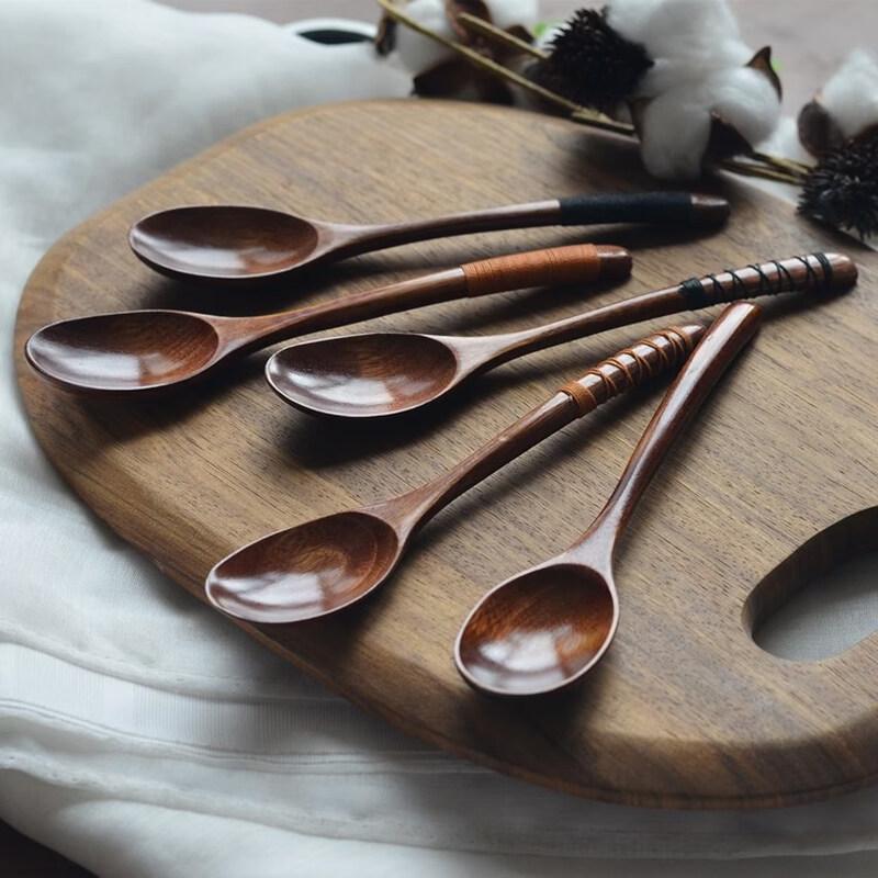 Decorative Thread Wrapped Nanmu Wooden Long Handle Spoon