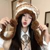 New Winter Hat for Women Cute Color Blocking Striped Letter Mark Plush Ear Protection Hat Warm Versatile Knitted Wool Hat