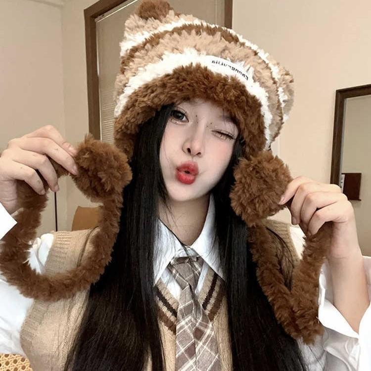 New Winter Hat for Women Cute Color Blocking Striped Letter Mark Plush Ear Protection Hat Warm Versatile Knitted Wool Hat