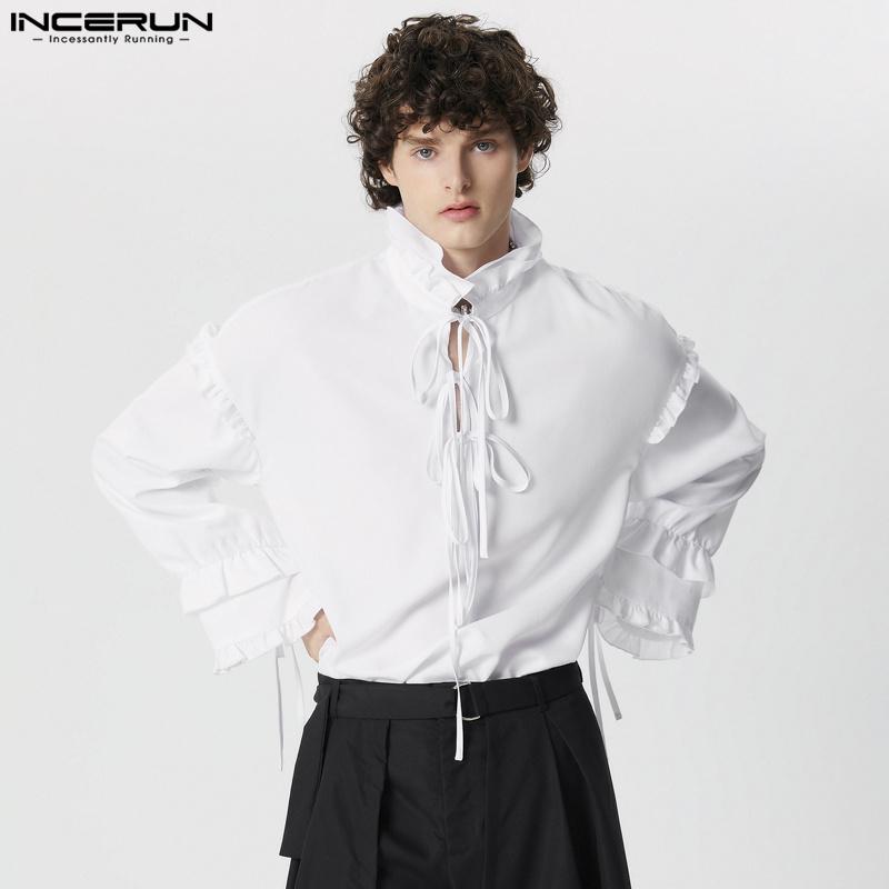 

INCERUN Men Stand Collar Flounce Long Sleeve Lace Up Shirts Blouse