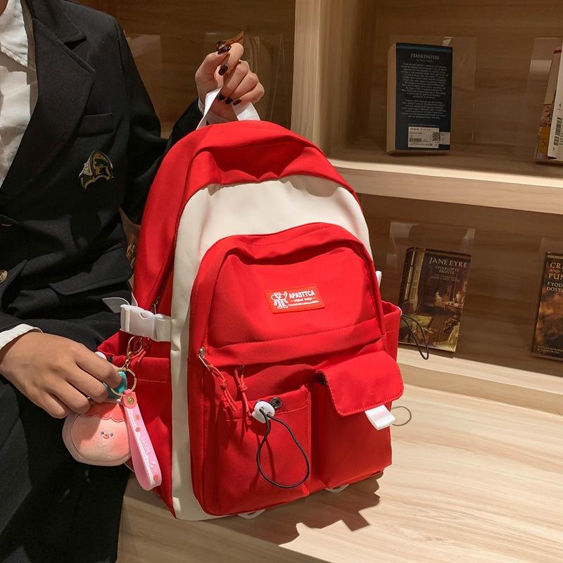 Small fresh color matching double pocket student schoolbag literary soft sister large capacity junior high school student backpack