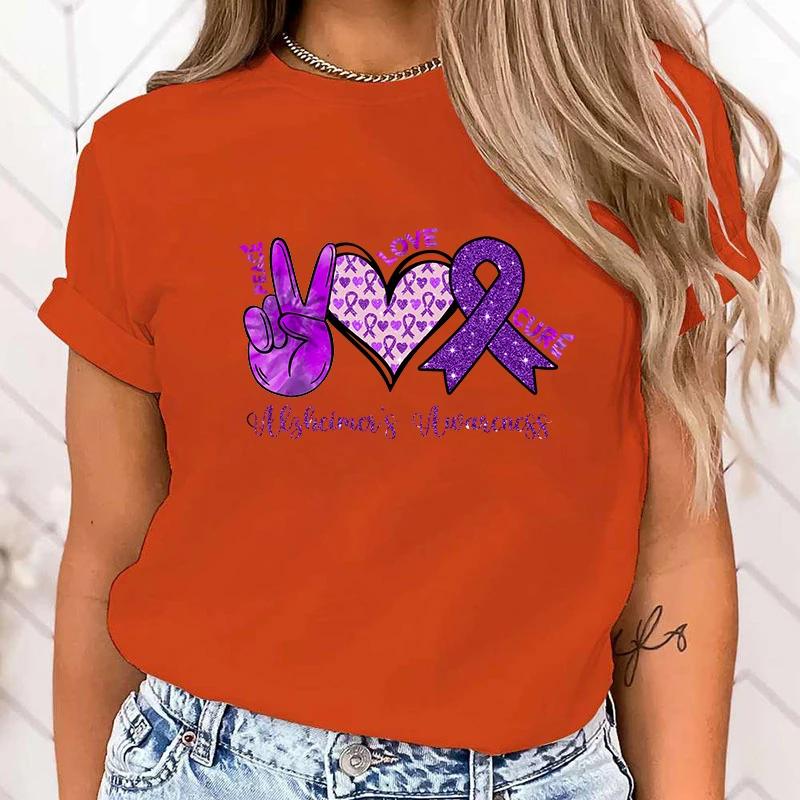 (High Quality T Shirt)New Hot Peace Love Cure Alzheimer'S Awareness T-Shirts Fashion Women Girls Summer Tee Shirt Casual T Shirt