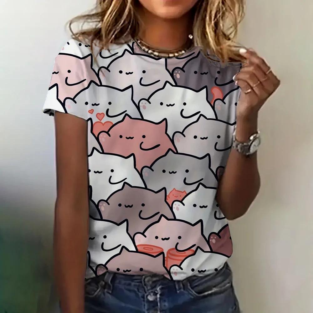 Summer Round Neck 3D Cat Print Top Fashionable Casual Short Sleeved Women's T-shirts