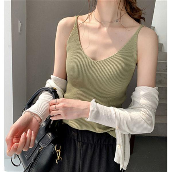 

WTEMPO вязаный жилет женский весна-лето модный иностранный стиль V-образный вырез без рукавов подтяжки топ с нижней рубашкой XXL зелёный