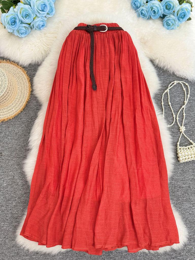 European & American A-line Pleated Cotton Linen Skirt with Elastic Waist - Mid-Length, Versatile, Women's