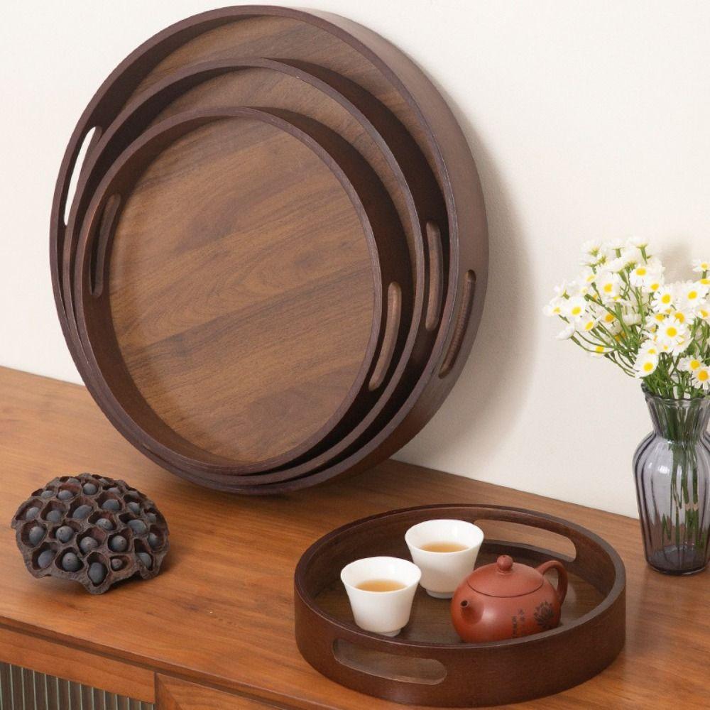 Walnut Color Food Storage Trays Round Dessert Pallet Decorate Tray Bamboo Wooden Tray  Kitchen