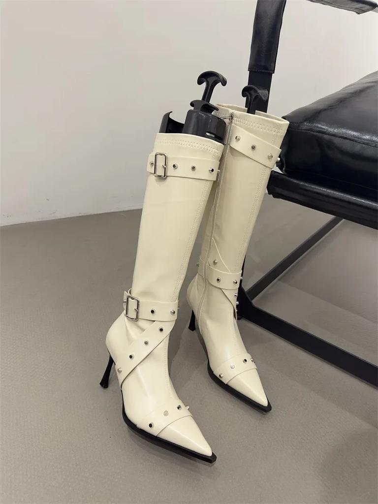 Fashion Knee High Boots Boots for Women Cool Metal Pointed Toe High Heels Fashion Western Boots Female Rivet Buckle Sexy Ladies Booties