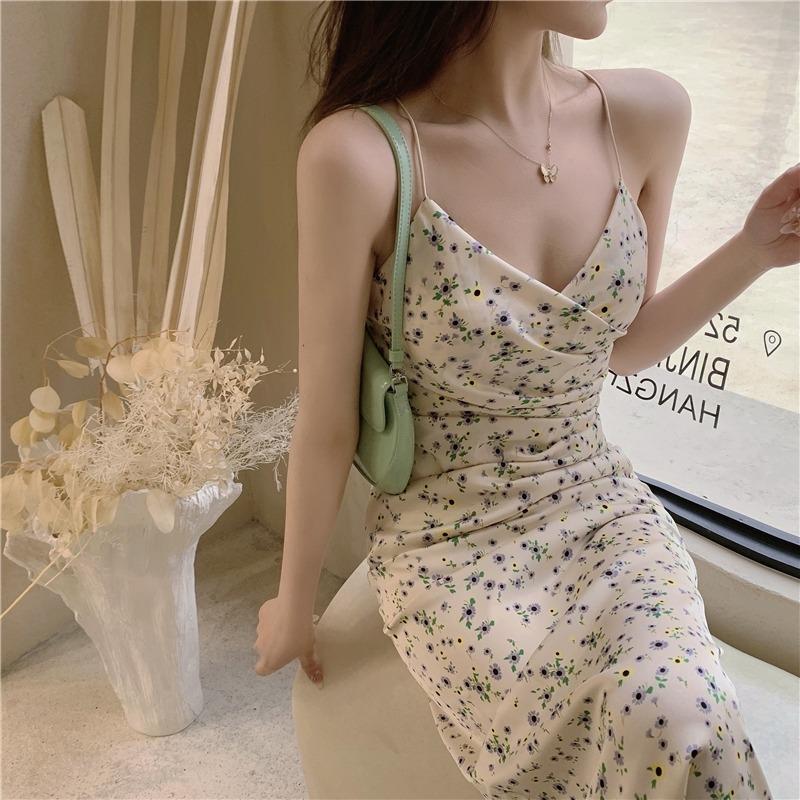 Gentle wind waist and thin dress women's summer new retro floral hip-wrapped suspender skirt