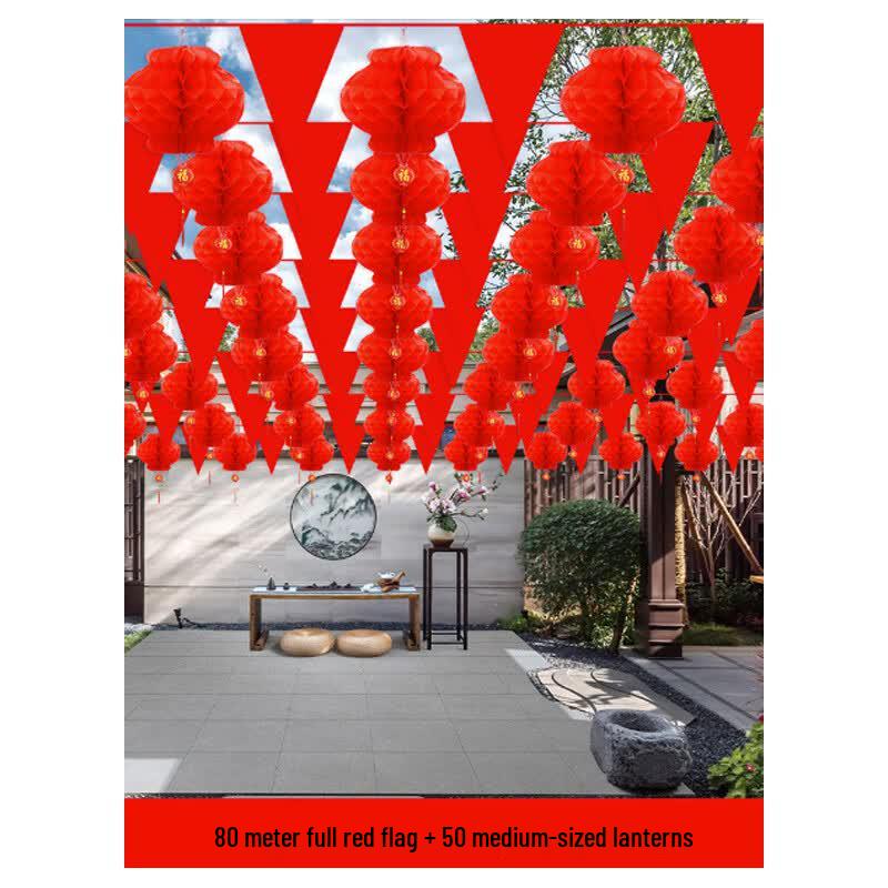 Wedding Celebration Flag Bunting and Lantern Set 80-meter All-Red Flags + 50 Medium Lanterns