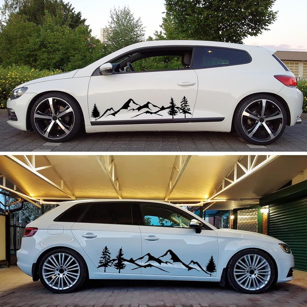2Pcs Reflective Car Sticker Kit, Mountain Decal Tree Forest Vinyl Graphic for Camper RV Trailer, Waterproof, Easy Installation, Black
