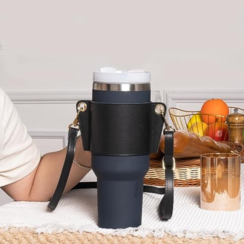 PU Leather Tumbler Carrier with Adjustable Shoulder Strap, Portable Water Bottle Holder Bag for Travel and Outdoor Use