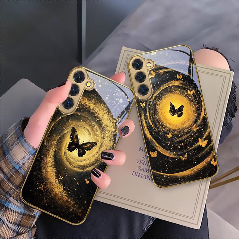 Vortex Black Butterfly For Samsung Galaxy S20 FE S21 S22 S23 Plus S24 Ultra S25Ultra S21+ S9+ S22Plus Golden glass phone case